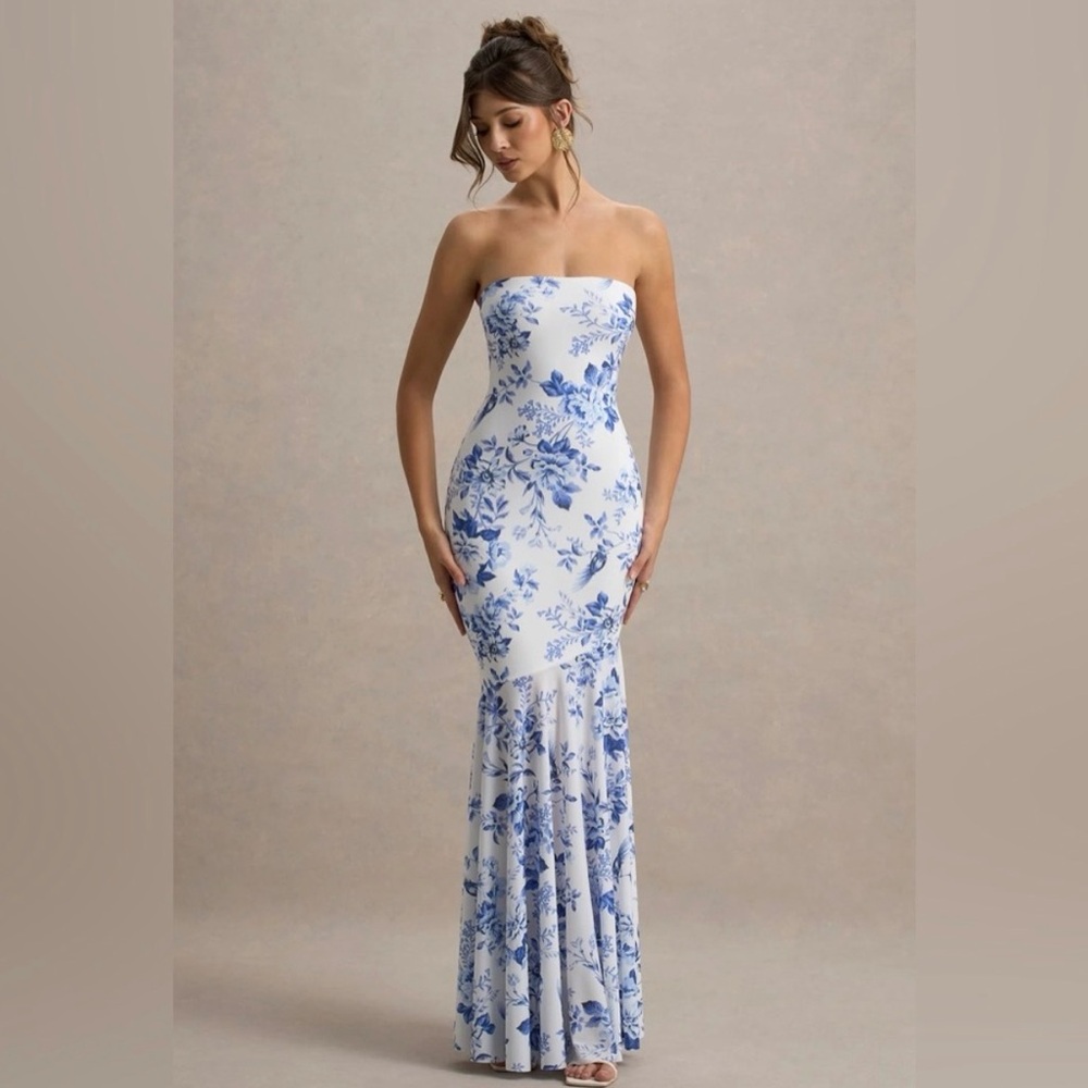 Club L London White Strapless Floral Mermaid Gown with Blue Print